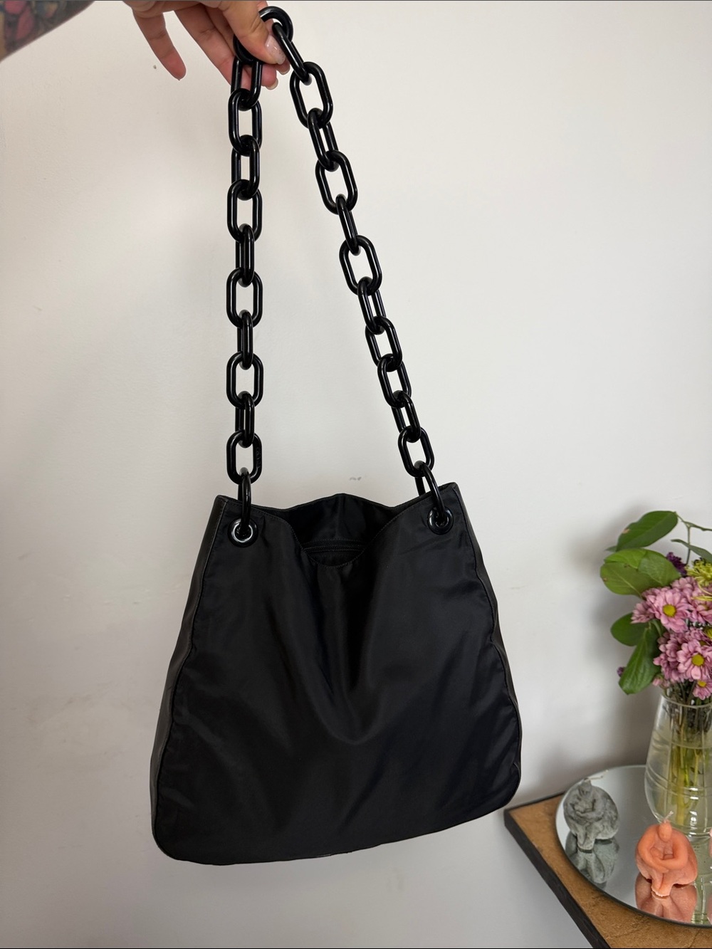 Prada Tessuto Nylon Chain Shoulder Bag Black Resin Chain Made in Italy Y2K